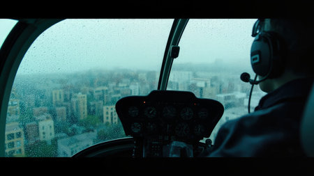 Inside a helicopter cockpit with a pilot looking out at a rainy city through a rain-covered windshield.の素材
