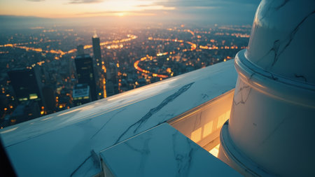 Marble structure with a city backdrop at dusk, featuring warm sunset hues and city lights.の素材