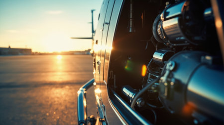Close-up of a helicopter engine with metallic components reflecting the warm sunset light.の素材