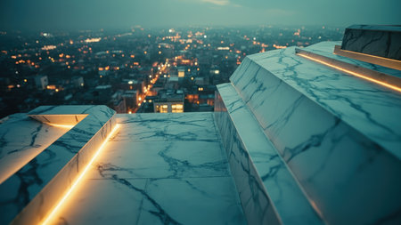 A marble rooftop with illuminated edges overlooks a blurred city at dusk, creating a moody atmosphere.の素材