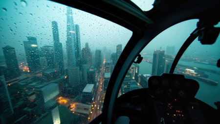 Helicopter cockpit view of a city skyline through a rain-covered window at night with illuminated buildings.の素材