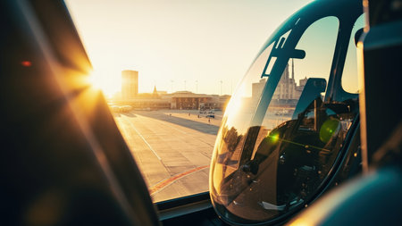 View from a helicopter cockpit with a bright sun flare over an airport runway and city buildings.の素材