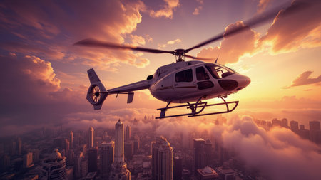 Helicopter in flight over a city at sunset with orange and purple clouds and skyscrapers below.の素材
