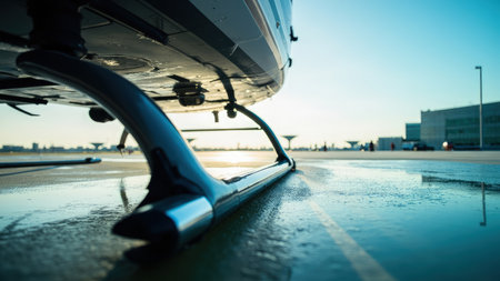 Close-up of helicopter landing gear on wet tarmac with reflections, against a blurred cityscape and sky.の素材