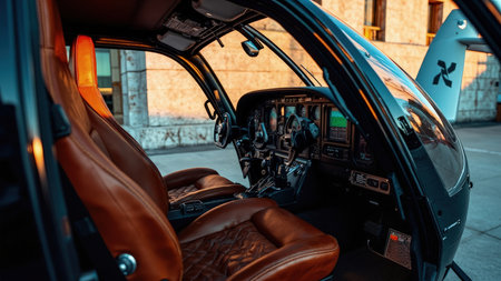 Helicopter interior with brown leather seats and instrument panel, natural light, and exterior details visible.の素材
