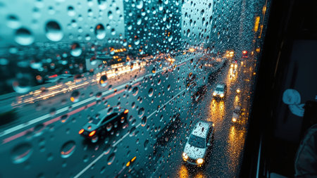 Raindrops on glass with blurred city lights and car headlights creating a moody, wet, urban scene.の素材