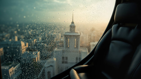 Raindrops on a window frame a city skyline with a black leather seat in the foreground.の素材