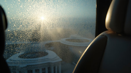 A view through a window covered in water droplets, with a building and the sun visible, and a car seat in the foreground.の素材