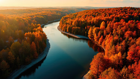 Aerial view shows a river flowing through a forest with colorful fall foliage in warm sunlight.の素材