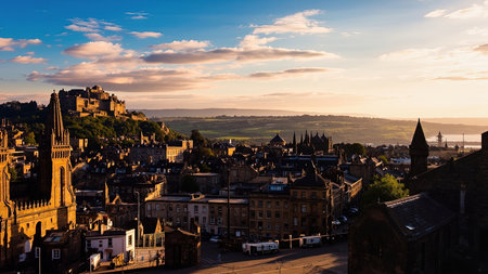 Cityscape of Edinburgh Scotland at sunset with castle on a hill and buildings bathed in warm sunlight under a blue sky.の素材