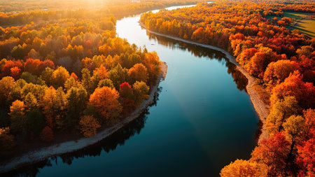 Aerial view of a river winding through colorful autumn forests with orange and red foliage.の素材