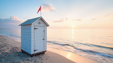 White beach hut with red flag on sandy beach at sunrise, calm ocean, pastel sky.の素材
