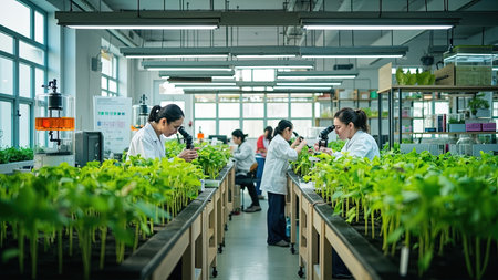 Scientists in lab coats examining plants with microscopes in a bright laboratory setting with rows of green seedlings.の素材