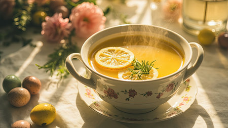 A bowl of steaming yellow soup with lemon slices and rosemary, surrounded by Easter eggs and flowers.の素材