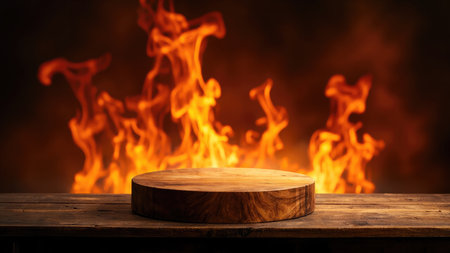 Wooden display platform with flames in the background, warm orange and brown tones, rustic style.の素材