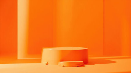 Orange studio setting with a cylindrical platform and a smaller rectangular platform casting shadows.の素材