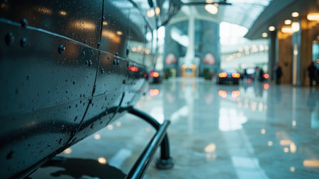Close-up of a black helicopter exterior with water droplets in a modern building with blurred background.の素材