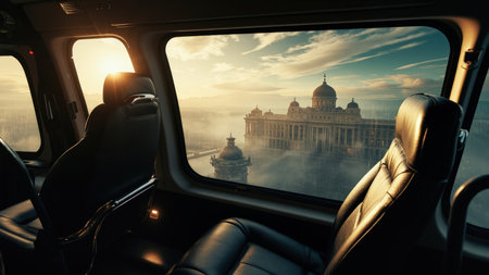 Interior view of a helicopter with black leather seats, looking out a window at a grand building during sunset.の素材