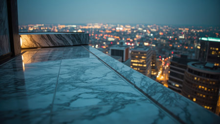 Marble rooftop edge with city lights in the background at dusk with blurred bokeh effect and warm glowの素材