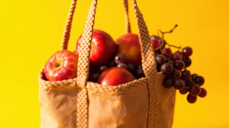 A brown woven bag overflowing with red apples and purple grapes on a bright yellow backdrop.の素材