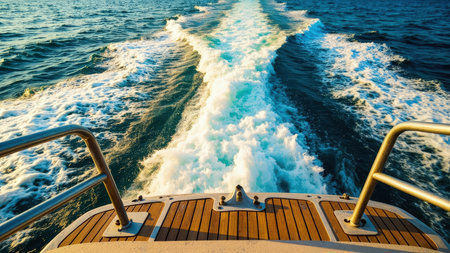 Boat wake on blue water with white foam, wooden deck, and metal railing, sunny day.の素材