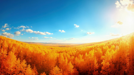A wide landscape of autumn trees with orange and yellow leaves under a bright blue sky with clouds.の素材