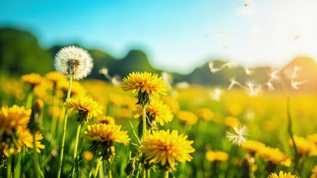 Yellow dandelions and a white seed head in a field with floating seeds and a bright blue sky.の素材