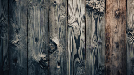Close-up of vertical wooden planks with varying shades of gray and brown, showing grain and knots.の素材