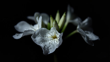 White flower with water droplets against a black backdrop, showcasing petals, buds, and green stems.の素材