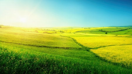 A vast landscape with fields of green and yellow under a bright blue sky.の素材