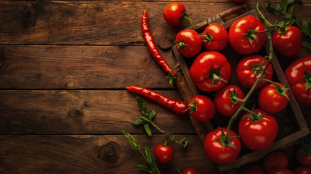 Red tomatoes and chili peppers on a dark wooden surface with a wooden crate and green sprigs.の素材