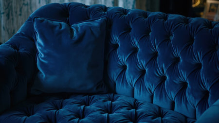 A close-up of a blue velvet sofa with a matching pillow, button tufting, and a soft texture.の素材