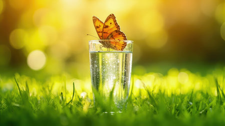 An orange butterfly rests on a glass of water set in green grass with a blurred yellow and green background.の素材