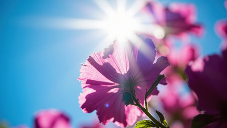 Pink flower petals backlit by the sun against a bright blue sky.の素材