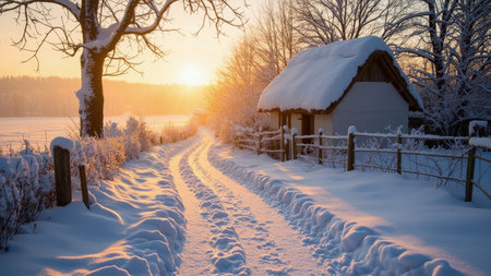 A snow-covered road leads to a cottage under a golden sunset sky, with a wooden fence and trees.の素材