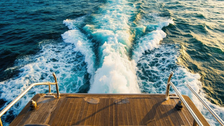Wooden boat deck with metal railings and foamy turquoise wake in the ocean.の素材