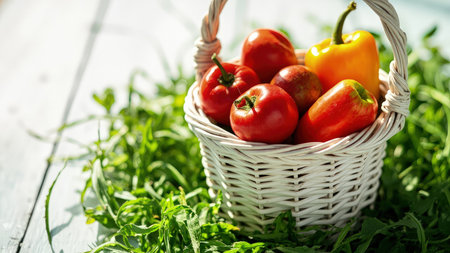 A white wicker basket holds red tomatoes and a yellow bell pepper on a bed of green plants.の素材