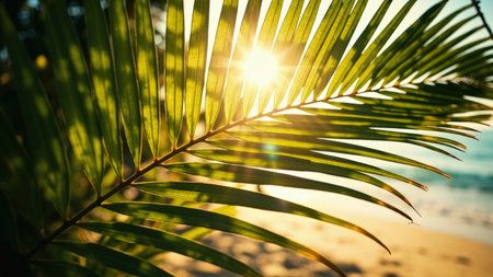 Green palm frond with sunlight shining through, creating a warm, bright, and tropical scene with a blurred beach background.の素材