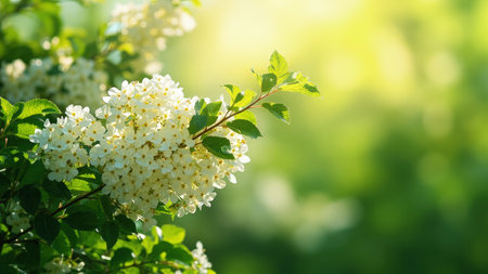 White flower clusters with green leaves against a blurred green and yellow background with sunlight bokeh.の素材