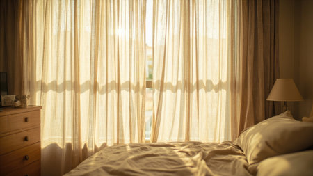 Beige curtains filter sunlight in a bedroom setting with an unmade bed and a bedside lamp.の素材