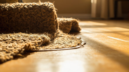 Rolled brown woven rug on a wooden floor with sunlight creating shadows and highlighting the textured fibers.の素材