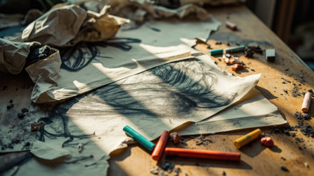 Charcoal drawing on paper with scattered chalks on a wooden surface, illuminated by sunlight.の素材