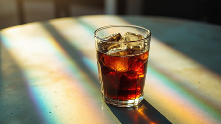 A glass of cola with ice cubes on a table with rainbow light reflections and shadows.の素材