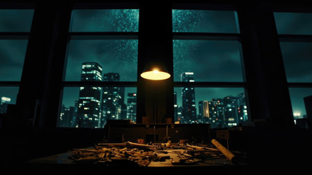 A dimly lit room with a cityscape visible through windows, a lamp illuminates a table covered in tools.の素材