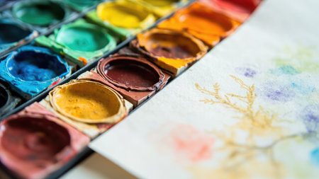 A watercolor palette with various colors next to a paper with abstract floral elements painted on it.の素材