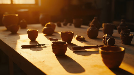 Terracotta pottery cups and tools on a wooden table with sunlight creating long shadows.の素材