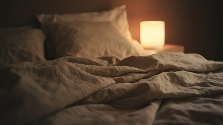Beige bed linens with pillows and a glowing lamp on a wooden nightstand in a dimly lit room.の素材