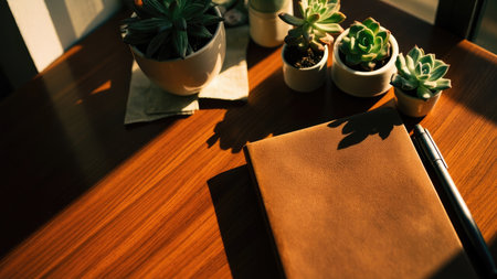 A brown leather journal and pen sit on a wooden table with potted succulents, bathed in sunlight.の素材