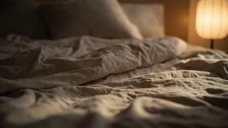 Close-up of wrinkled beige bed linens with pillows and a lamp creating a warm, soft, and inviting atmosphere.の素材