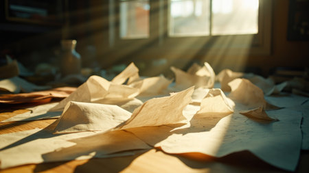 Beige parchment paper scattered on a wooden surface with sunlight and shadows.の素材